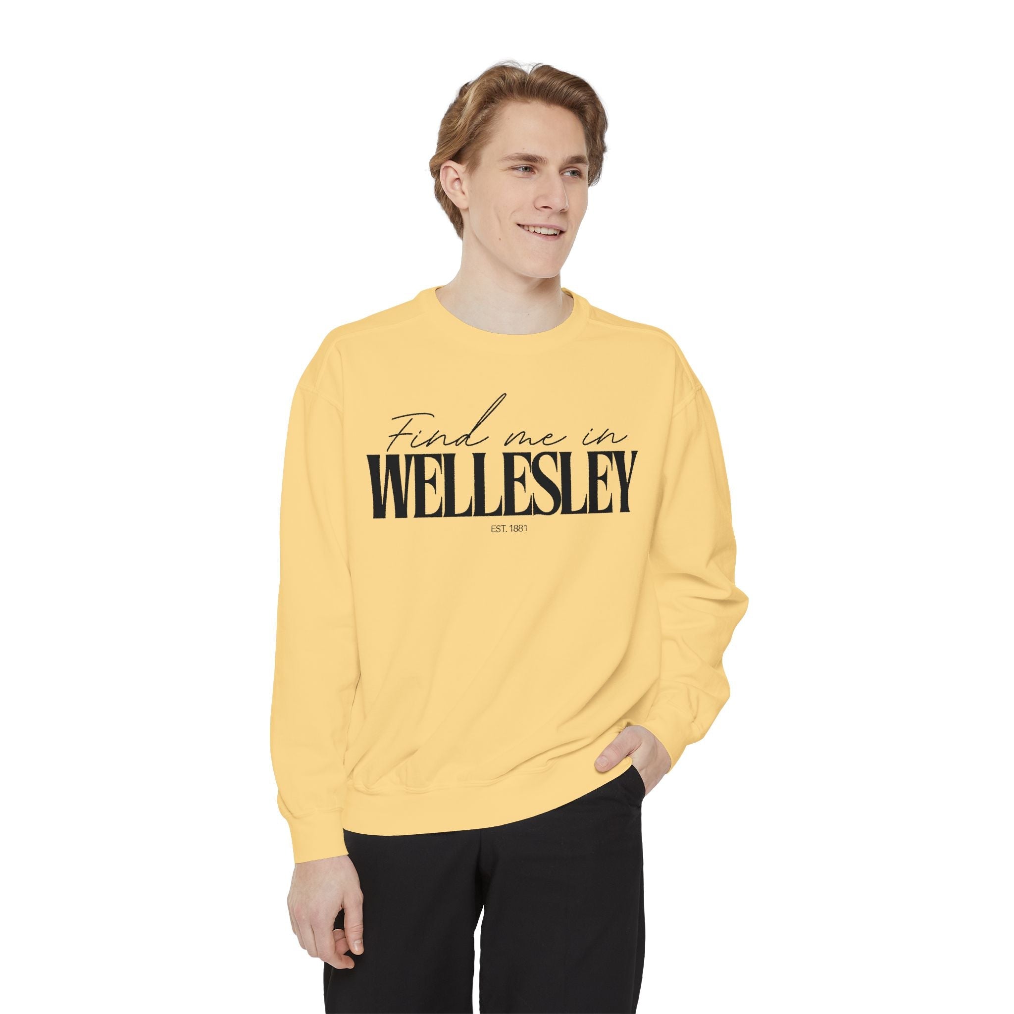 Wellesley Cozy Sweatshirt, Unisex Garment-Dyed Crew, Casual Wear, Gift for Friends, Fall Fashion, Lounge Style