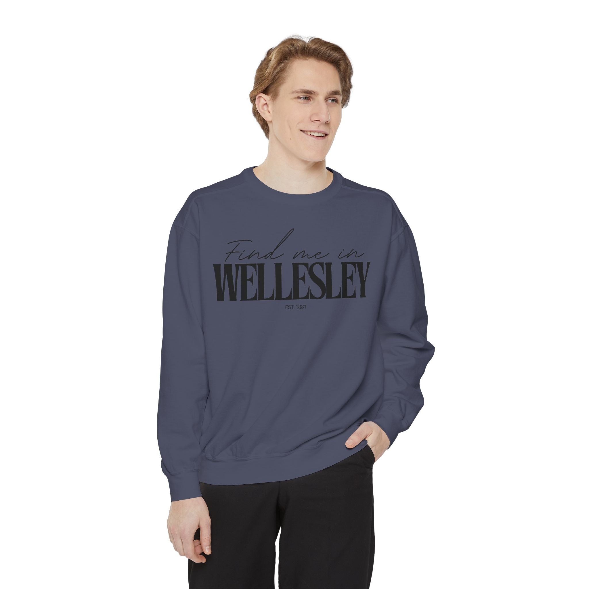Wellesley Cozy Sweatshirt, Unisex Garment-Dyed Crew, Casual Wear, Gift for Friends, Fall Fashion, Lounge Style