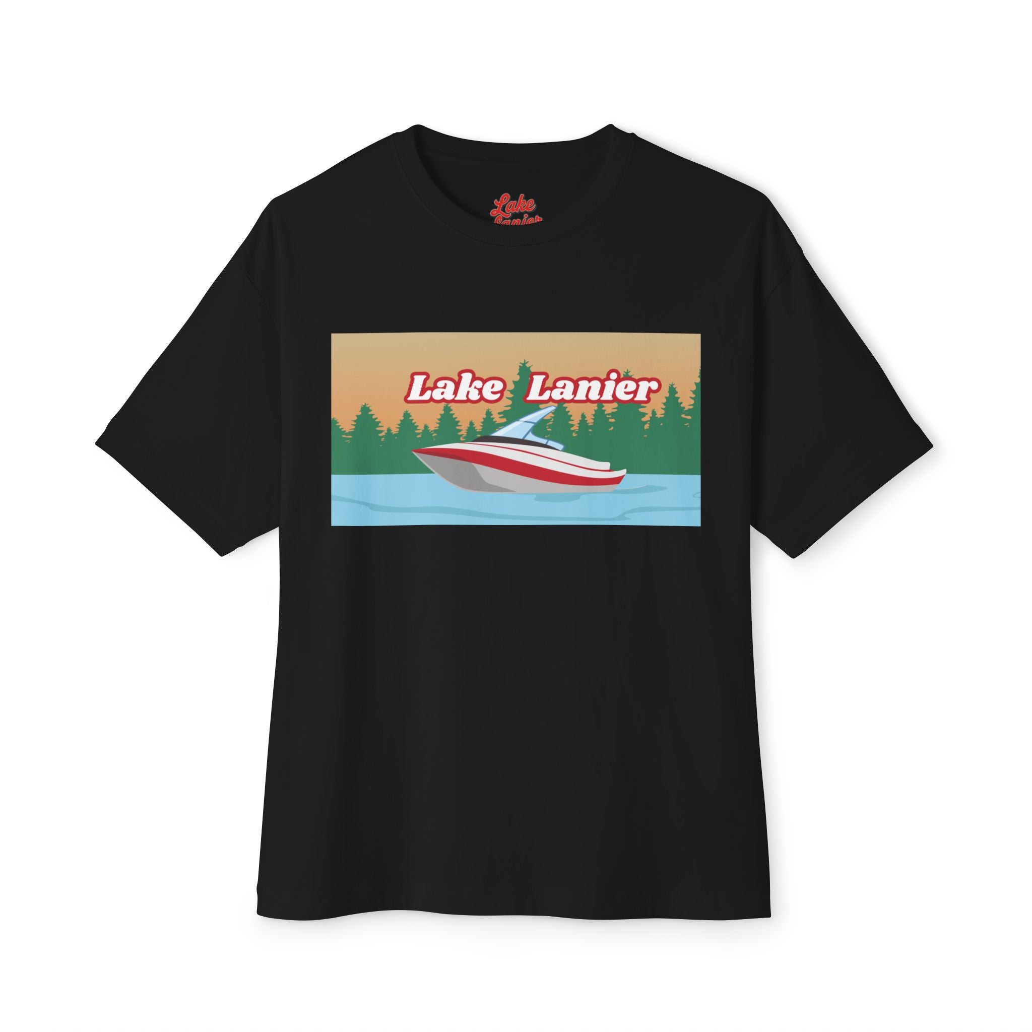 Lake Lanier Sunset Boxy Tee, Relaxed Summer Shirt, Unisex Tee, Vacation Wear, Boating Gift, Lake Life Apparel