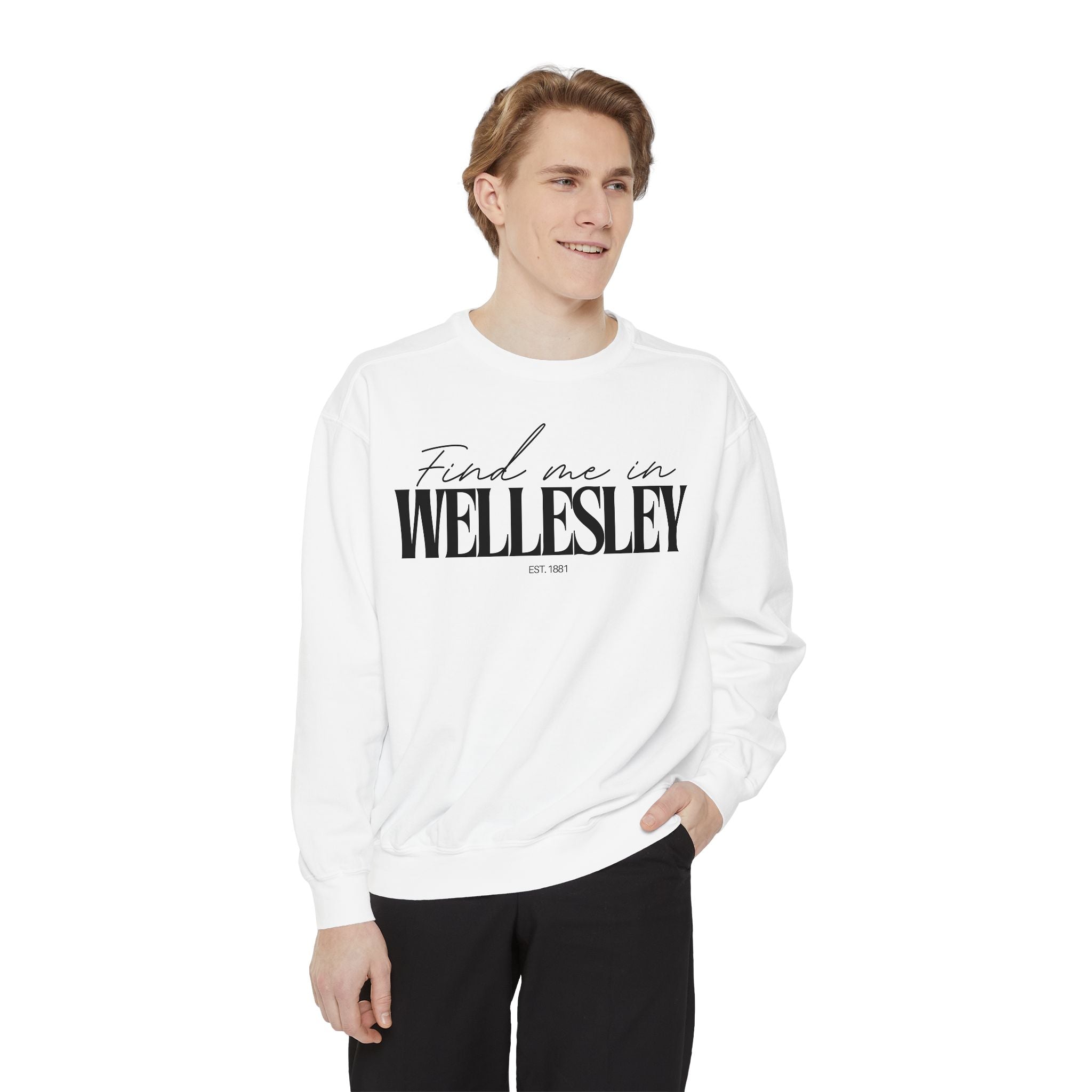 Wellesley Cozy Sweatshirt, Unisex Garment-Dyed Crew, Casual Wear, Gift for Friends, Fall Fashion, Lounge Style