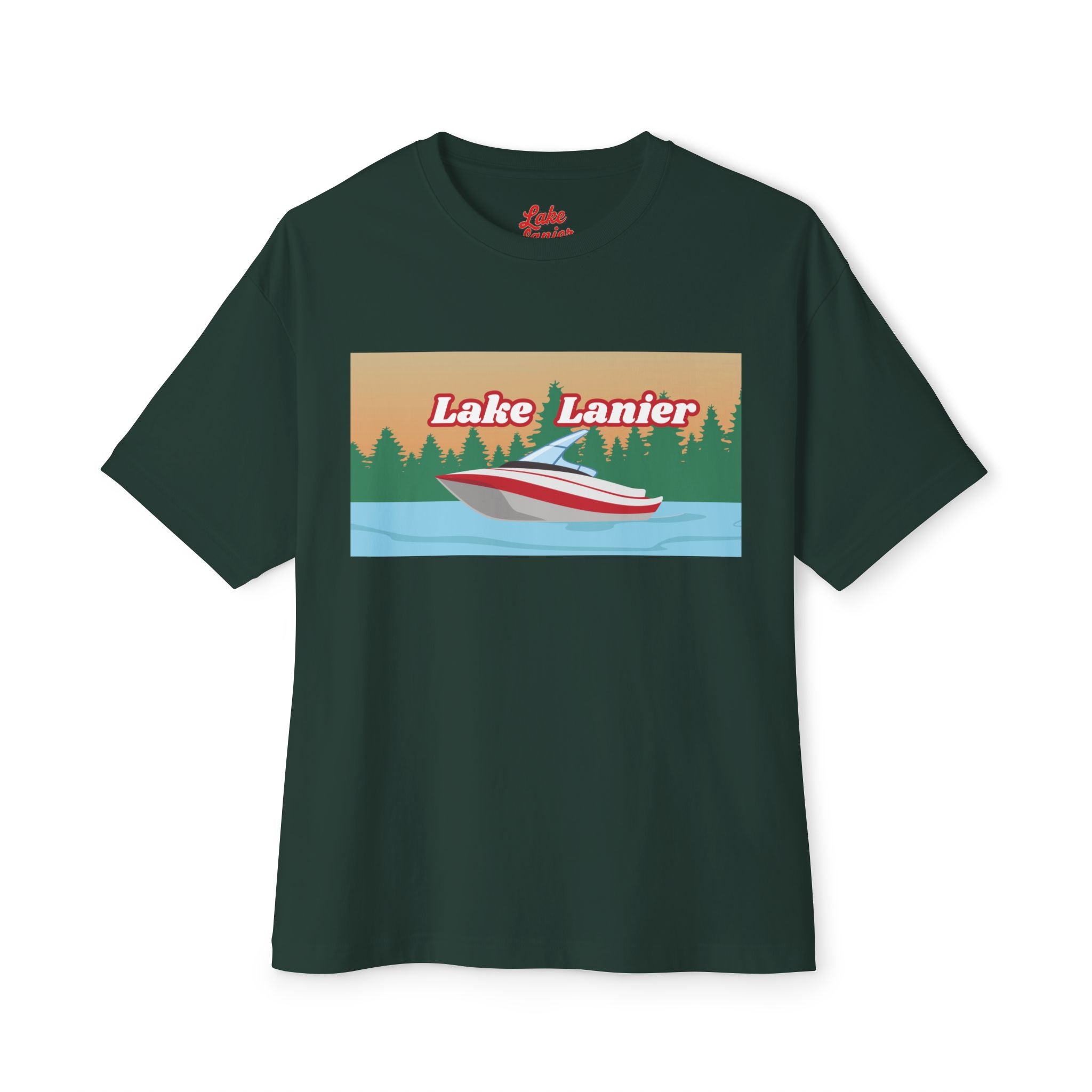 Lake Lanier Sunset Boxy Tee, Relaxed Summer Shirt, Unisex Tee, Vacation Wear, Boating Gift, Lake Life Apparel