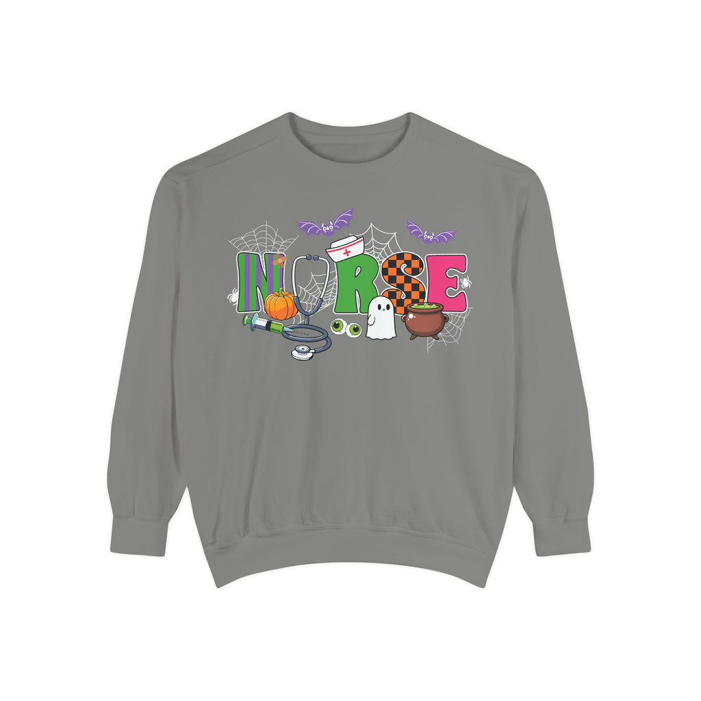 Halloween Nurse Sweatshirt, Spooky Medical Apparel, Unisex Garment-Dyed Hoodie, Nurse Gift, Fall Fashion Sweatshirt