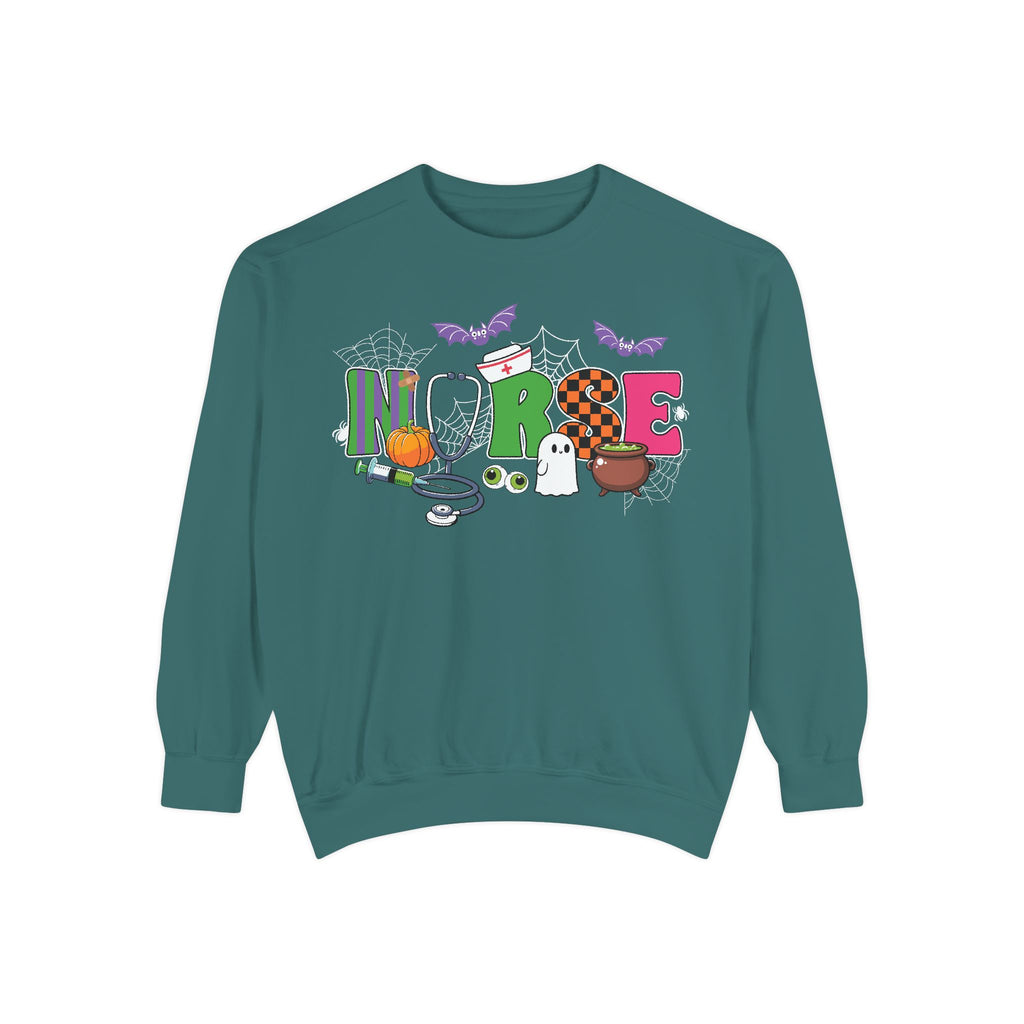 Halloween Nurse Sweatshirt, Spooky Medical Apparel, Unisex Garment-Dyed Hoodie, Nurse Gift, Fall Fashion Sweatshirt