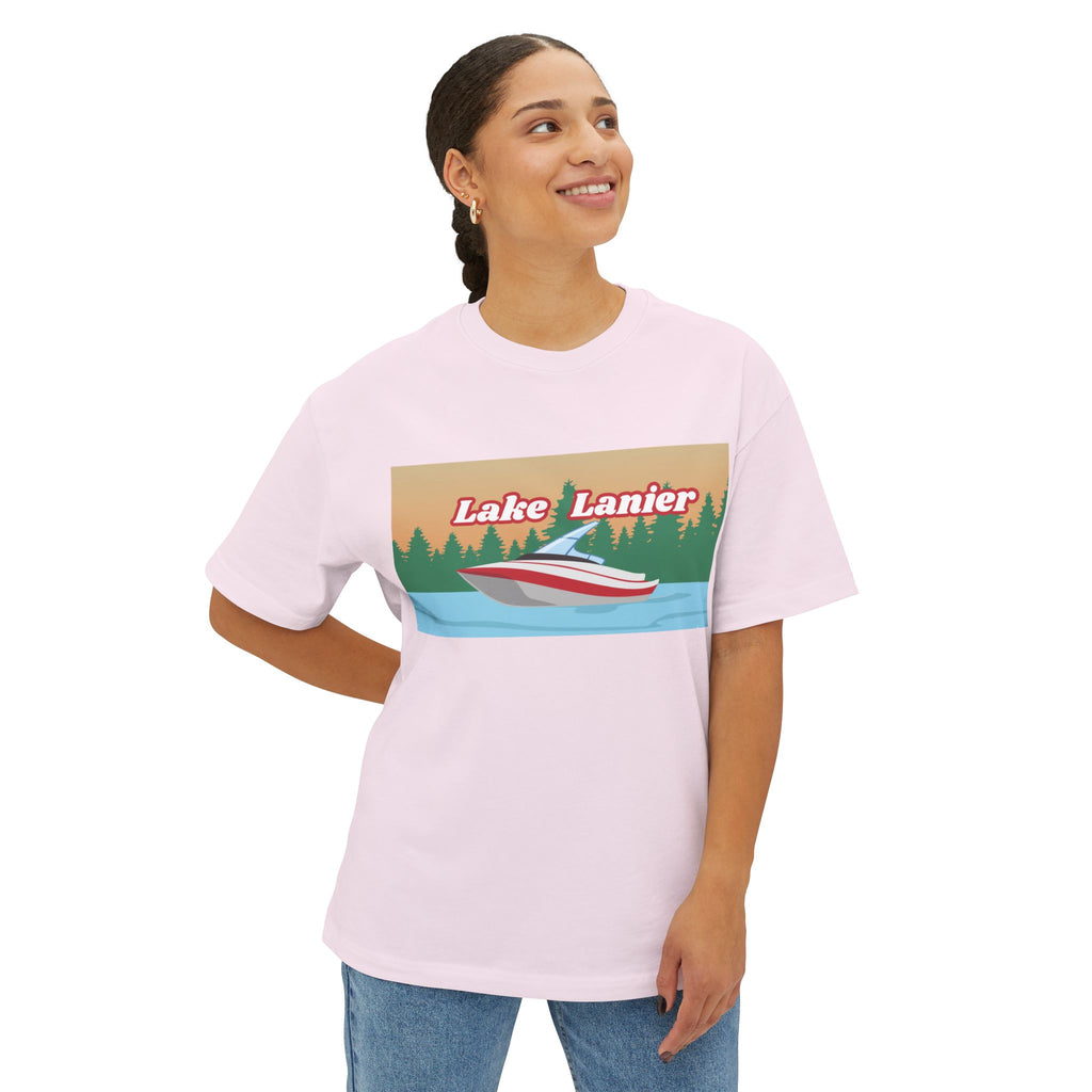 Lake Lanier Sunset Boxy Tee, Relaxed Summer Shirt, Unisex Tee, Vacation Wear, Boating Gift, Lake Life Apparel