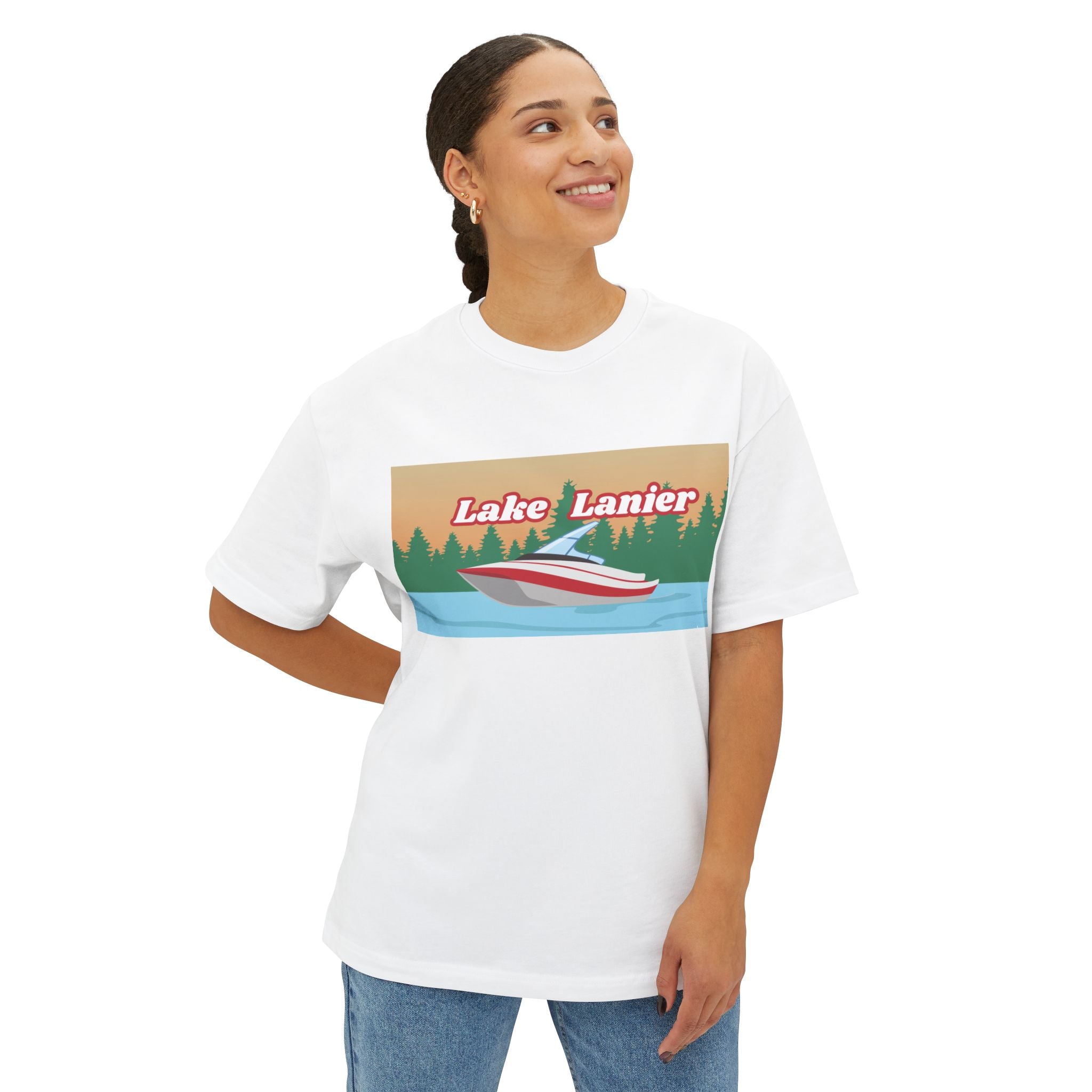 Lake Lanier Sunset Boxy Tee, Relaxed Summer Shirt, Unisex Tee, Vacation Wear, Boating Gift, Lake Life Apparel