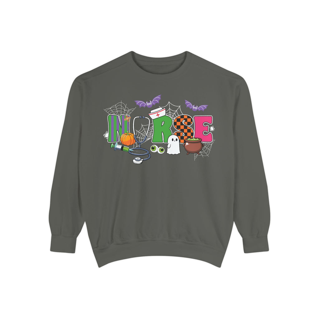 Halloween Nurse Sweatshirt, Spooky Medical Apparel, Unisex Garment-Dyed Hoodie, Nurse Gift, Fall Fashion Sweatshirt