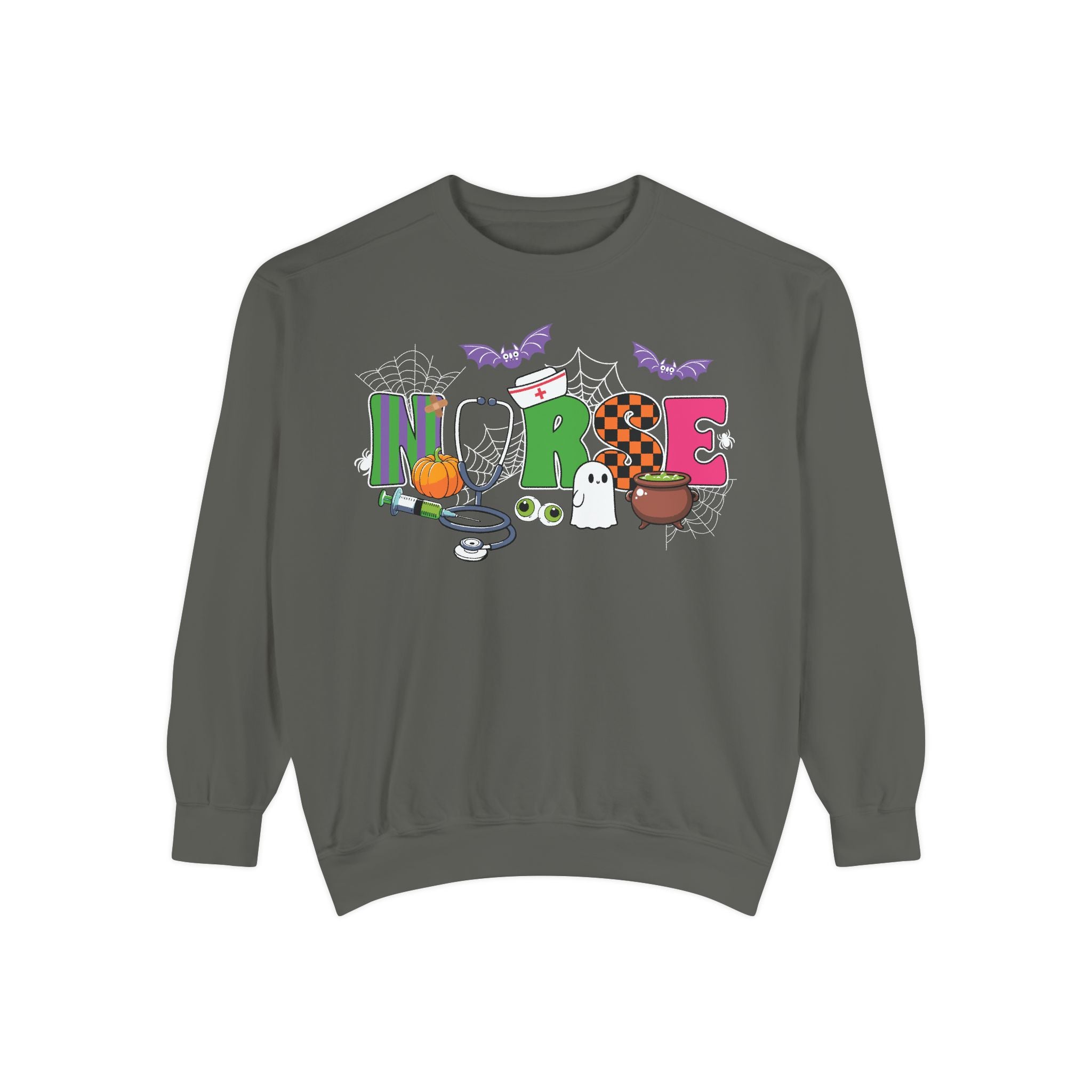 Halloween Nurse Sweatshirt, Spooky Medical Apparel, Unisex Garment-Dyed Hoodie, Nurse Gift, Fall Fashion Sweatshirt