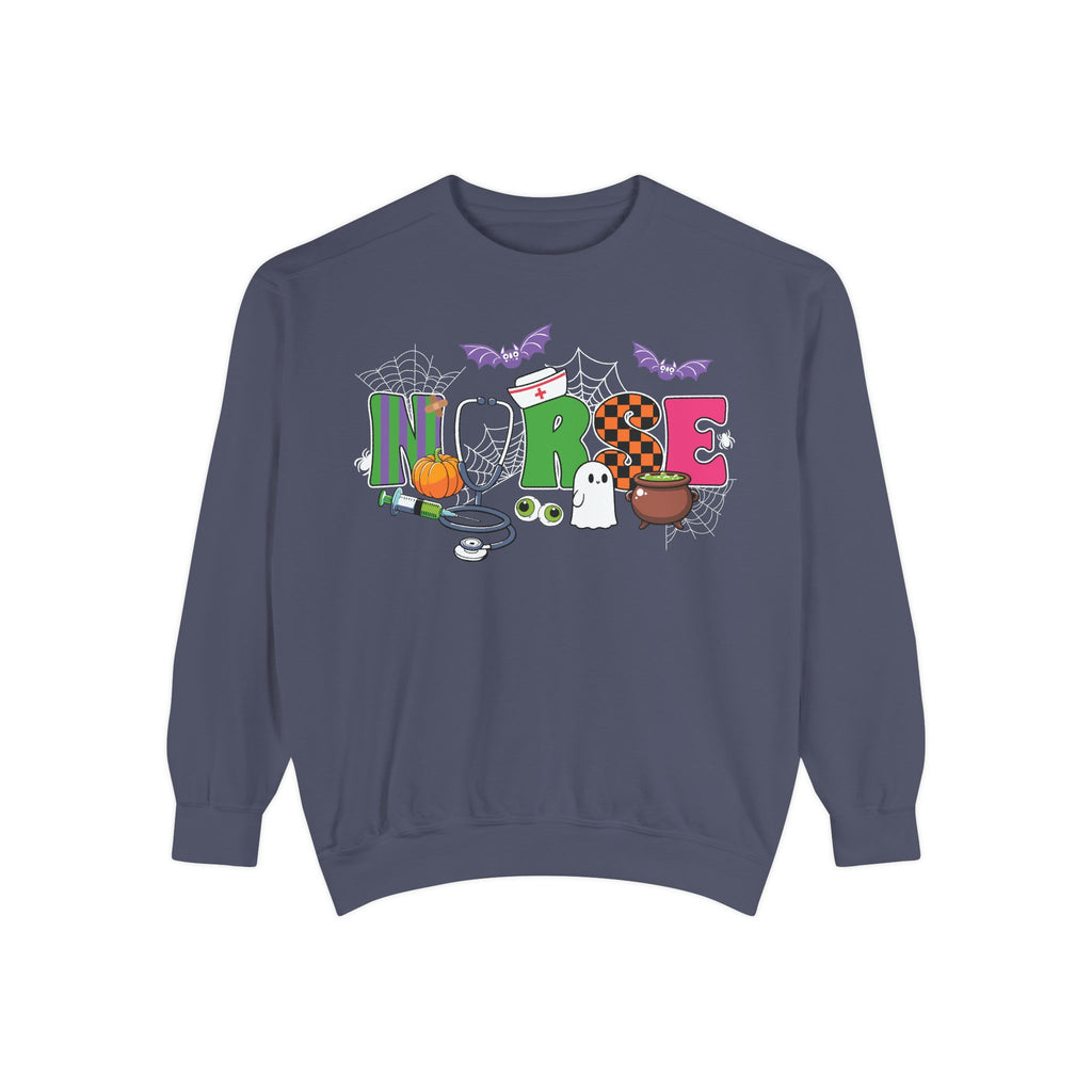 Halloween Nurse Sweatshirt, Spooky Medical Apparel, Unisex Garment-Dyed Hoodie, Nurse Gift, Fall Fashion Sweatshirt