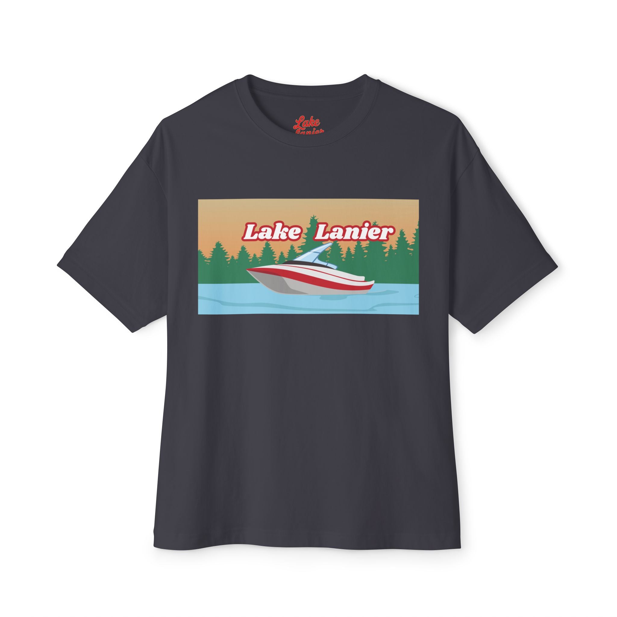 Lake Lanier Sunset Boxy Tee, Relaxed Summer Shirt, Unisex Tee, Vacation Wear, Boating Gift, Lake Life Apparel