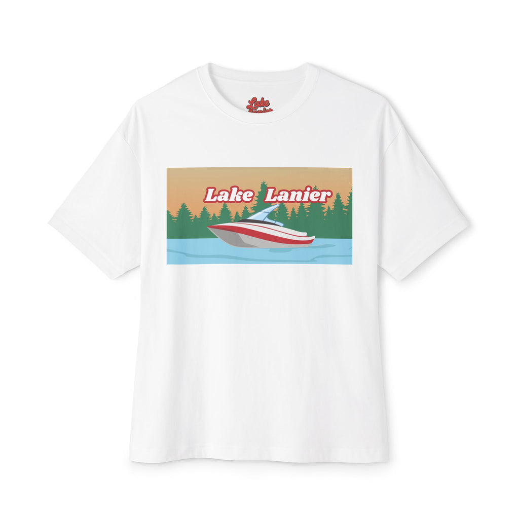 Lake Lanier Sunset Boxy Tee, Relaxed Summer Shirt, Unisex Tee, Vacation Wear, Boating Gift, Lake Life Apparel