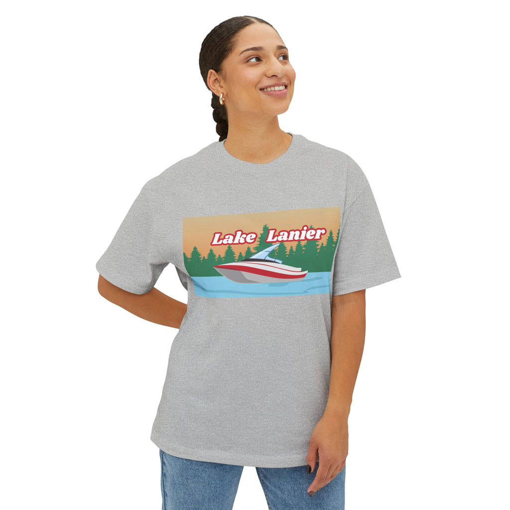 Lake Lanier Sunset Boxy Tee, Relaxed Summer Shirt, Unisex Tee, Vacation Wear, Boating Gift, Lake Life Apparel