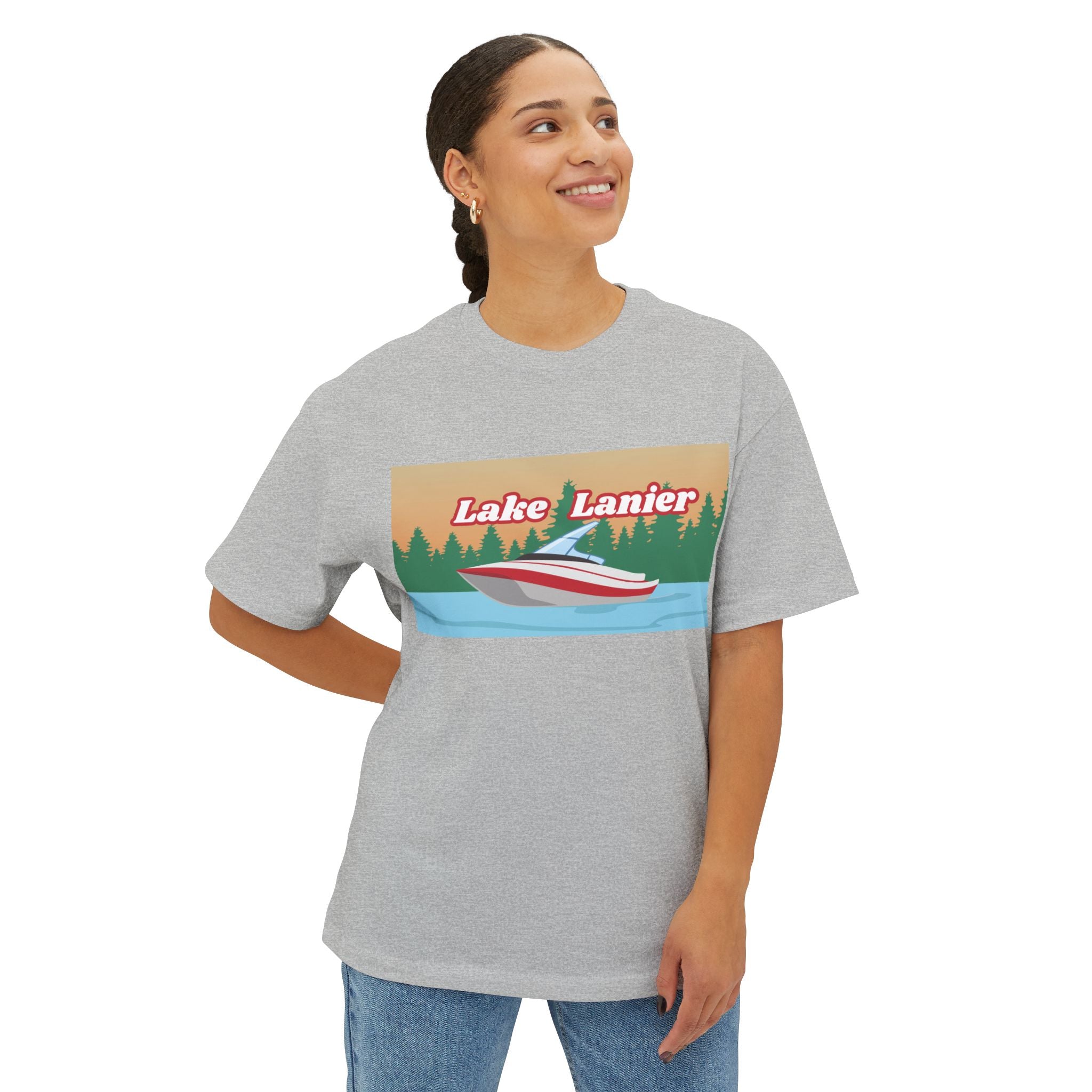 Lake Lanier Sunset Boxy Tee, Relaxed Summer Shirt, Unisex Tee, Vacation Wear, Boating Gift, Lake Life Apparel