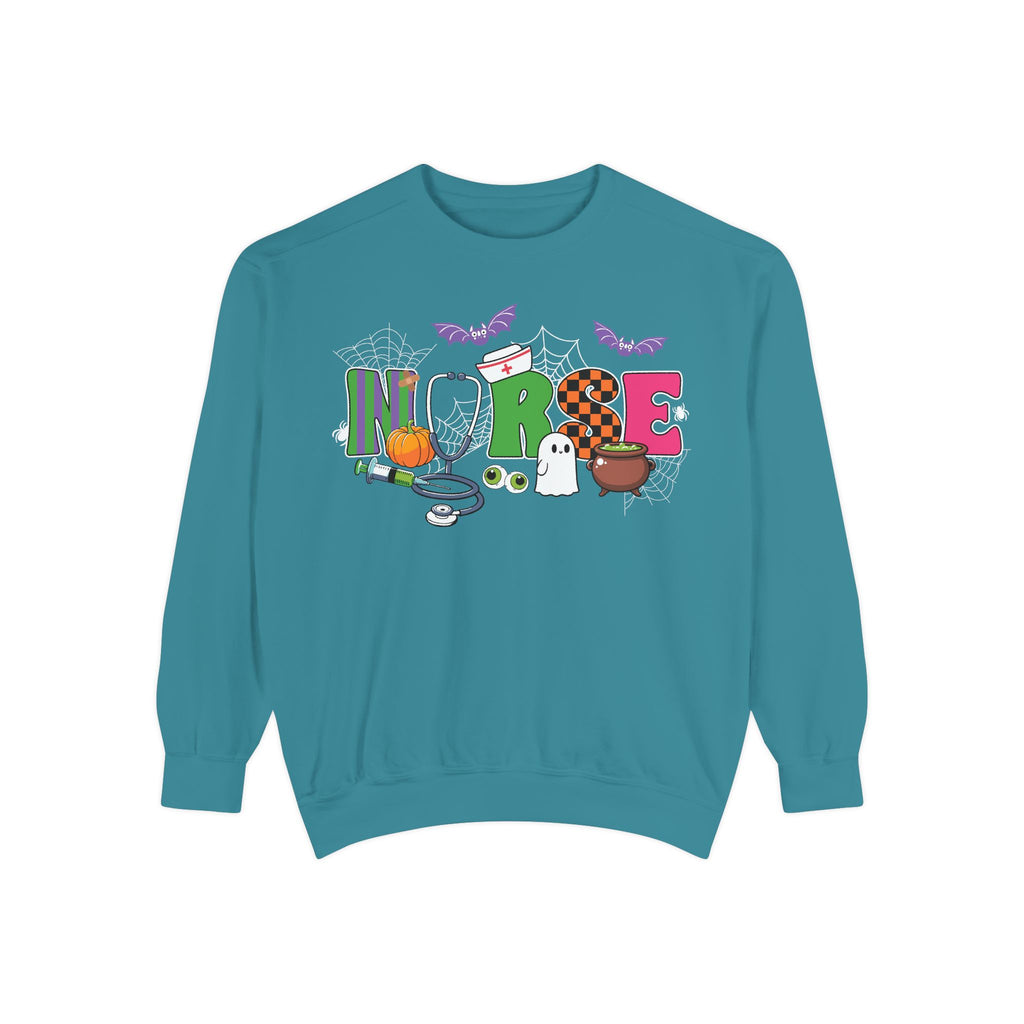 Halloween Nurse Sweatshirt, Spooky Medical Apparel, Unisex Garment-Dyed Hoodie, Nurse Gift, Fall Fashion Sweatshirt