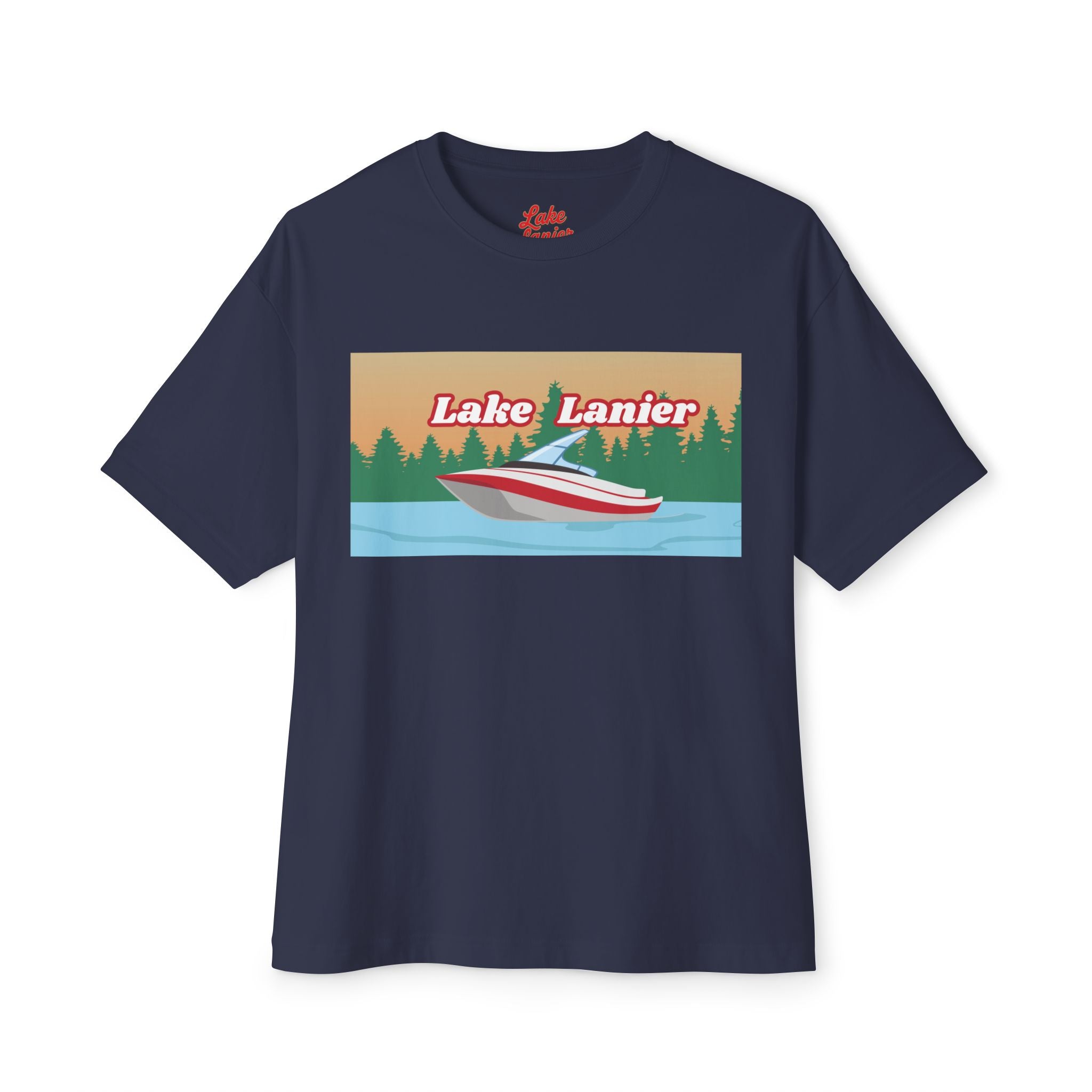 Lake Lanier Sunset Boxy Tee, Relaxed Summer Shirt, Unisex Tee, Vacation Wear, Boating Gift, Lake Life Apparel