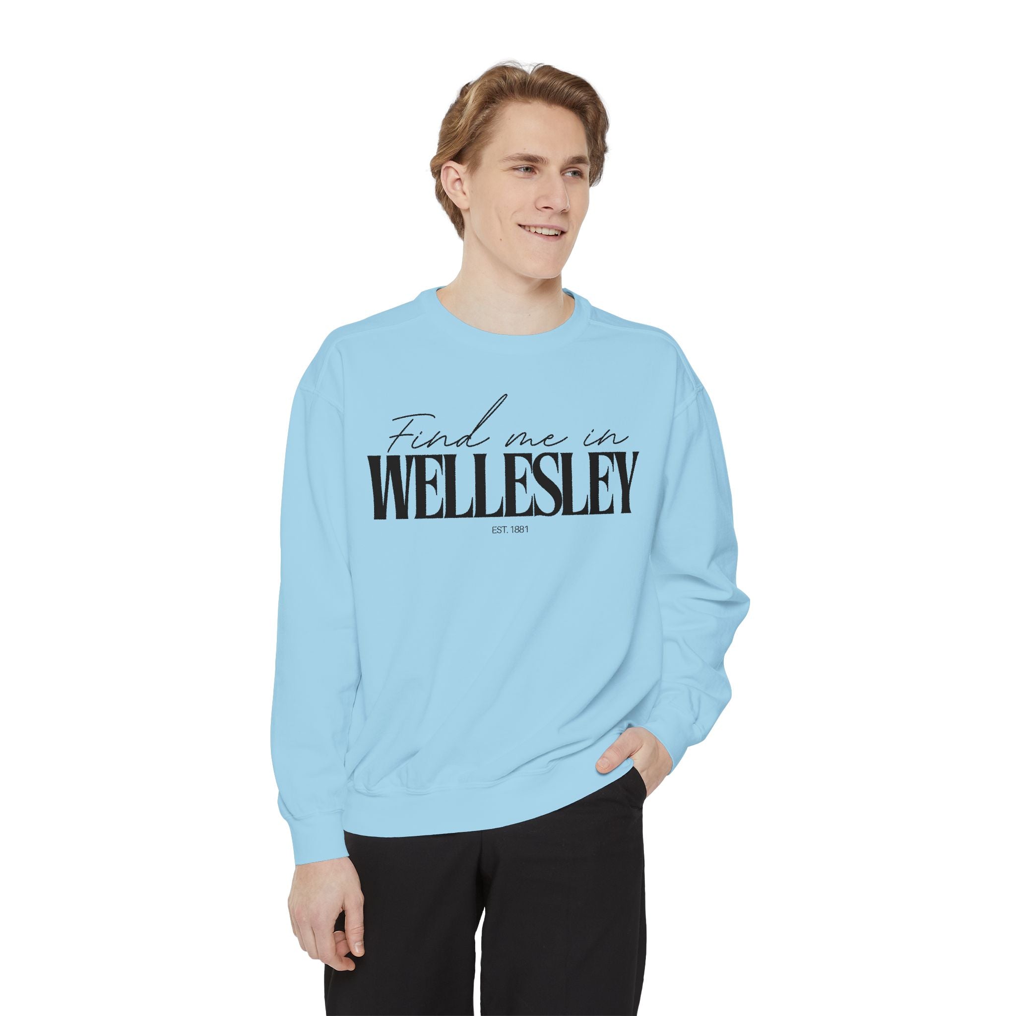 Wellesley Cozy Sweatshirt, Unisex Garment-Dyed Crew, Casual Wear, Gift for Friends, Fall Fashion, Lounge Style