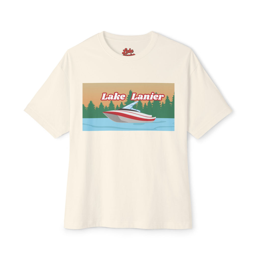 Lake Lanier Sunset Boxy Tee, Relaxed Summer Shirt, Unisex Tee, Vacation Wear, Boating Gift, Lake Life Apparel